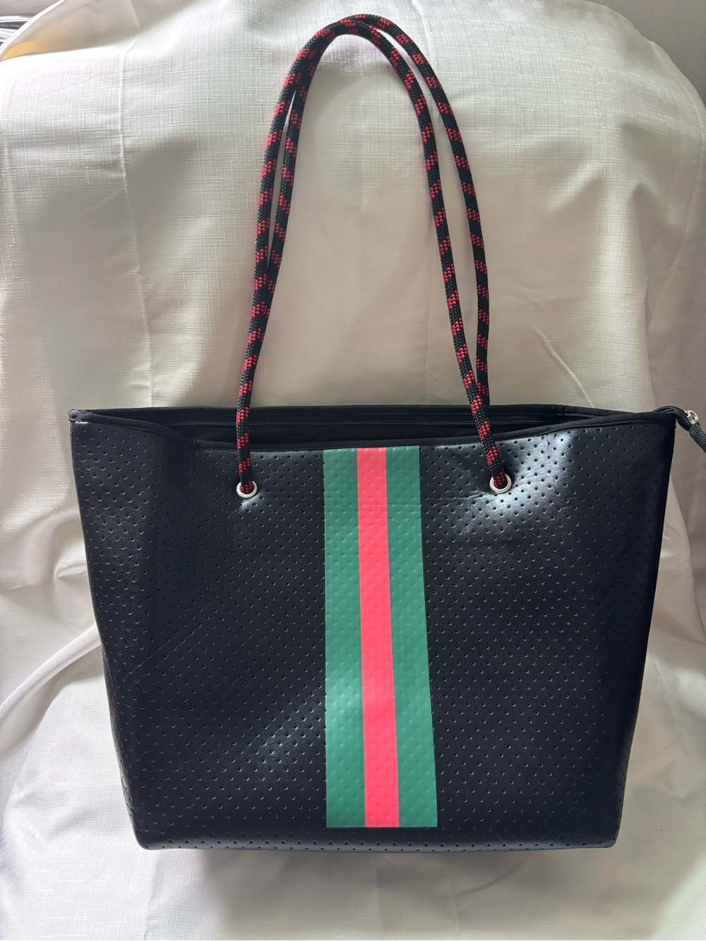 Black Tote Bag with Green and Red Center Stripe